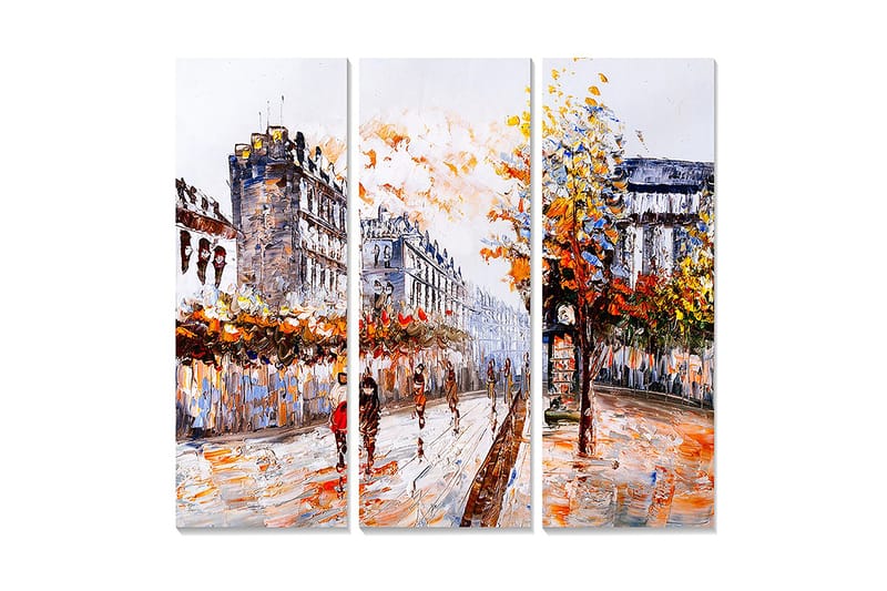 Trelerretsbilde 3-delt 50x70 cm - Livlig bybilde med høsttrær og folk på en gate, Oransje / Gul / Blå