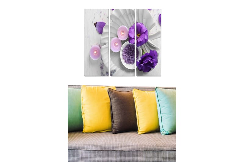 Trelerretsbilde 3-delt 50x70 cm - Lys lilla blomster og lys på hvit bakgrunn, Lys lilla / Hvit / Grå