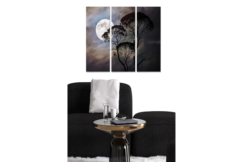 Trelerretsbilde 3-delt 50x70 cm - Månen skinner over silhuetter av trær i en dramatisk himmel, Mørk blå / Svart / Grå