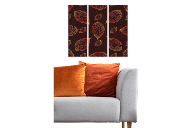 Trelerretsbilde 3-delt 50x70 cm - Mønster av stiliserte blader i varme farger, Mørk rød / Gull / Oransje