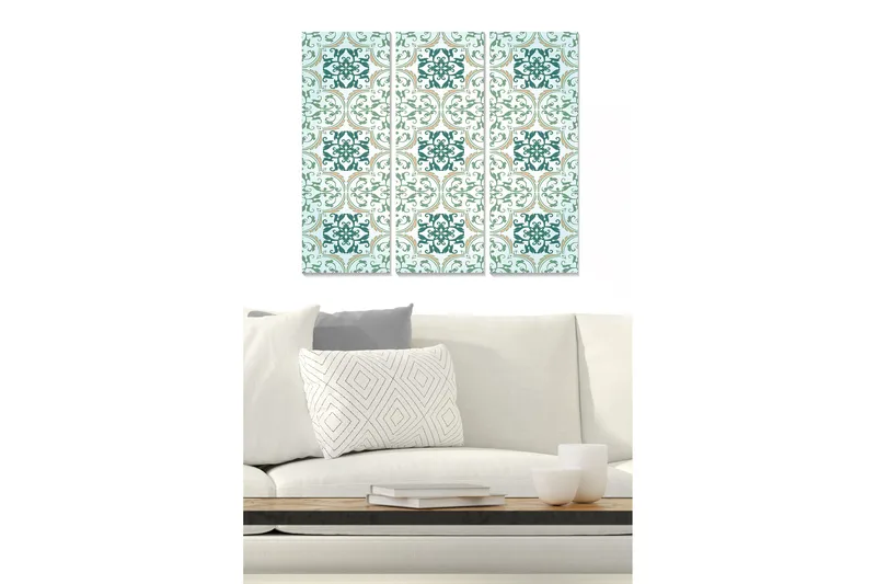Trelerretsbilde 3-delt 50x70 cm - Mønstret veggdekorasjon med elegante, geometriske former, Turkis / Lys grønn / Gull