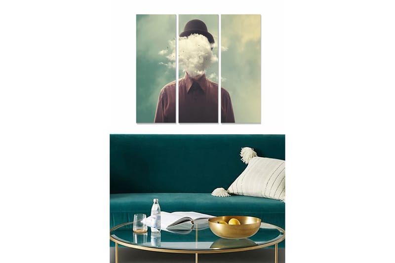 Trelerretsbilde 3-delt 50x70 cm - Mann med overskyet hodeform iført hatt, Mørk brun / Lys grønn / Hvit