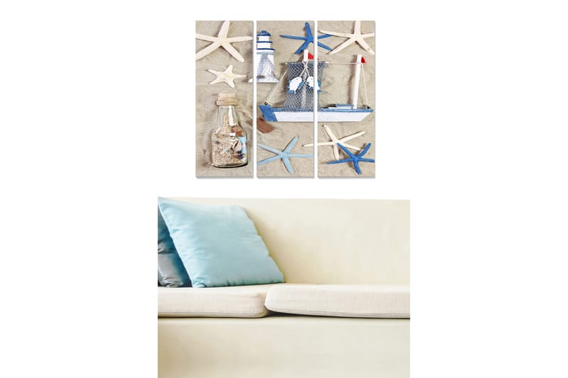 Trelerretsbilde 3-delt 50x70 cm - Maritim komposisjon med seilbåt og sjøstjerne, Blå / Hvit / Beige