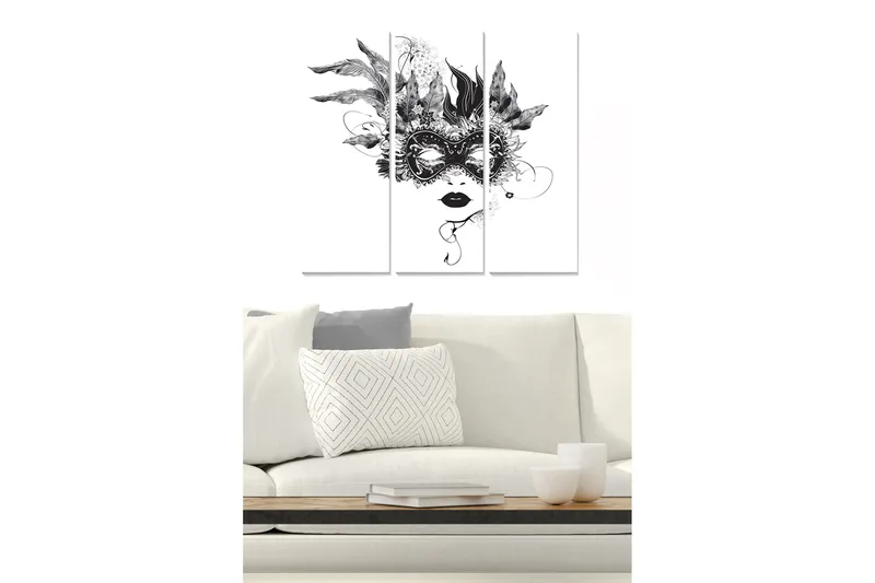 Trelerretsbilde 3-delt 50x70 cm - Maskert kvinne med fjær og detaljerte mønstre, Svart / Hvit