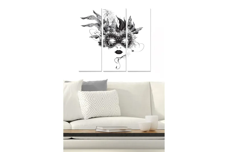 Trelerretsbilde 3-delt 50x70 cm - Maskert kvinne med fjær og detaljerte mønstre, Svart / Hvit