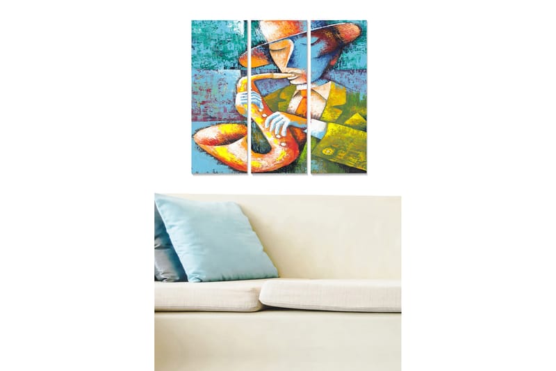 Trelerretsbilde 3-delt 50x70 cm - Musiker som spiller saksofon med fargerik bakgrunn, Blå / Oransje / Gul