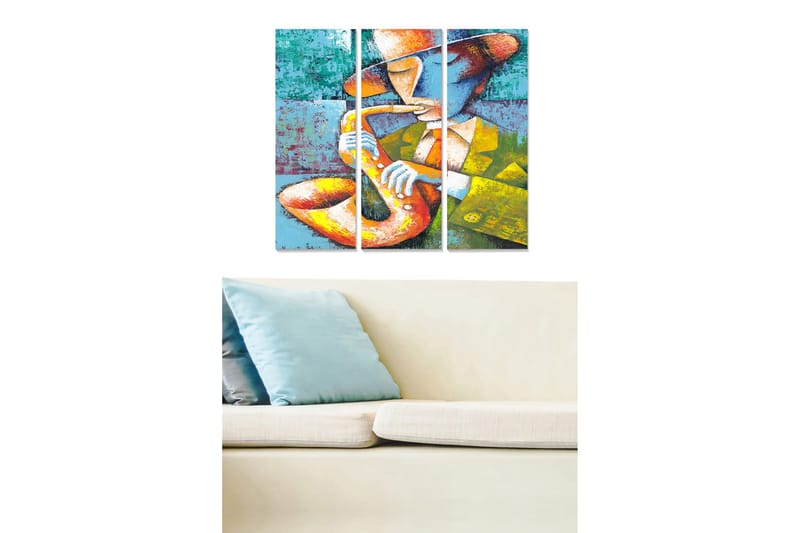 Trelerretsbilde 3-delt 50x70 cm - Musiker som spiller saksofon med fargerik bakgrunn, Blå / Oransje / Gul