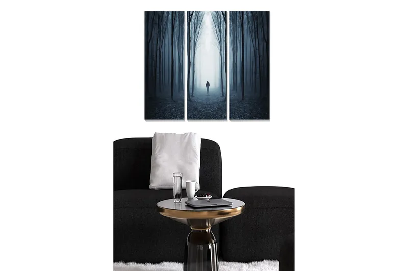 Trelerretsbilde 3-delt 50x70 cm - Mystisk skog med en enslig figur i tåke, Mørk blå / Grå / Svart