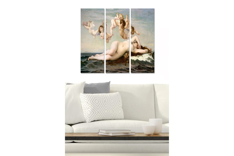 Trelerretsbilde 3-delt 50x70 cm - Naken kvinne liggende på en skalldyrsklippe omgitt av engler, Hudtone / Havblå / Kremhvit