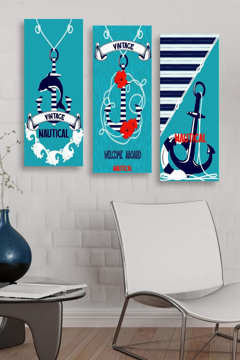 Trelerretsbilde 3-delt 50x70 cm - Nautisk komposisjon med anker og blomster - Turkis / Blå / Rød - Innredning - Bilder & kunst - Lerretsbilder