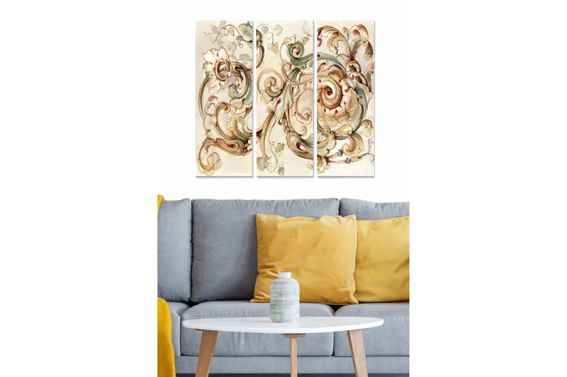 Trelerretsbilde 3-delt 50x70 cm - Ornamental komposisjon med buede linjer og blomster, Beige / Grønn / Brun