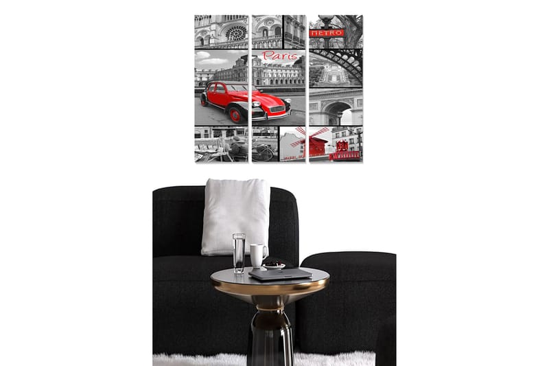 Trelerretsbilde 3-delt 50x70 cm - Rød bil i et svart-hvitt bybilde av Paris - Rød / Svart / Grå - Innredning - Bilder & kunst - Lerretsbilder