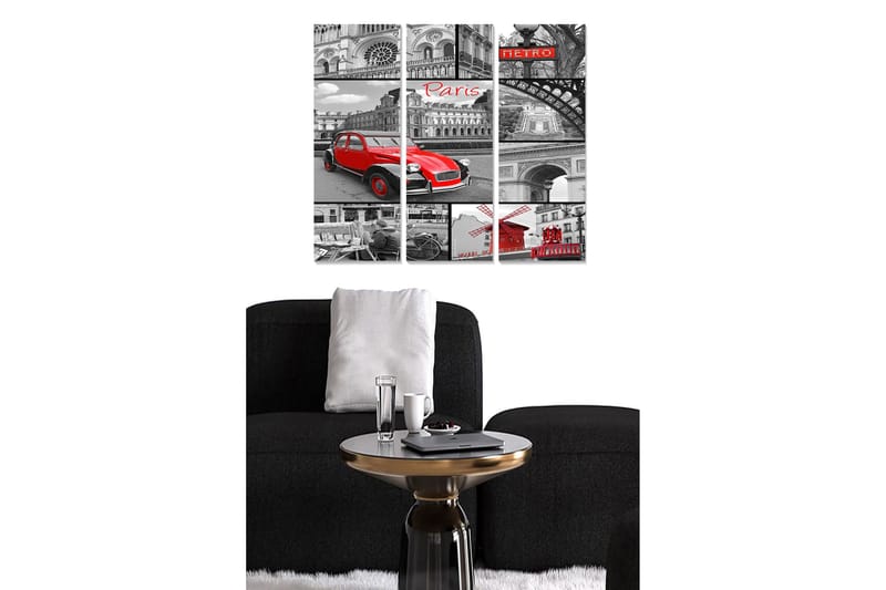 Trelerretsbilde 3-delt 50x70 cm - Rød bil i et svart-hvitt bybilde av Paris - Rød / Svart / Grå - Innredning - Bilder & kunst - Lerretsbilder