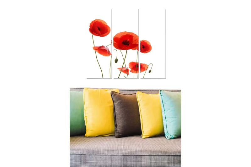 Trelerretsbilde 3-delt 50x70 cm - Rød valmue i en stilig komposisjon, Rød / Grønn