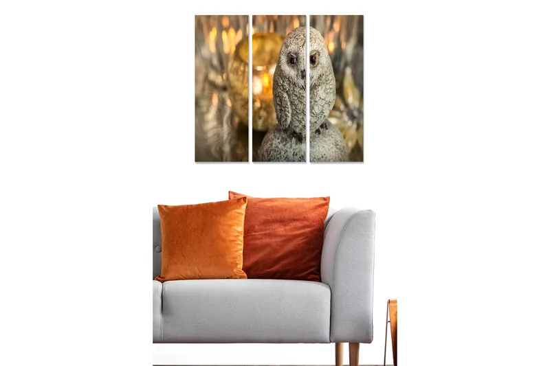 Trelerretsbilde 3-delt 50x70 cm - Realistisk ugle i gråtoner - Grå / Beige / Brun - Innredning - Bilder & kunst - Lerretsbilder