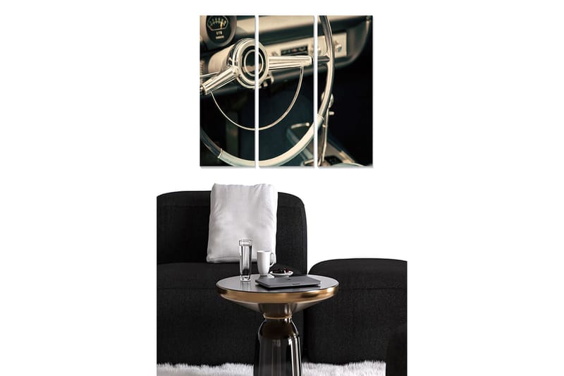 Trelerretsbilde 3-delt 50x70 cm - Retro bilinteriør med fokus på ratt og dashbord, Sølv / Svart / Grå