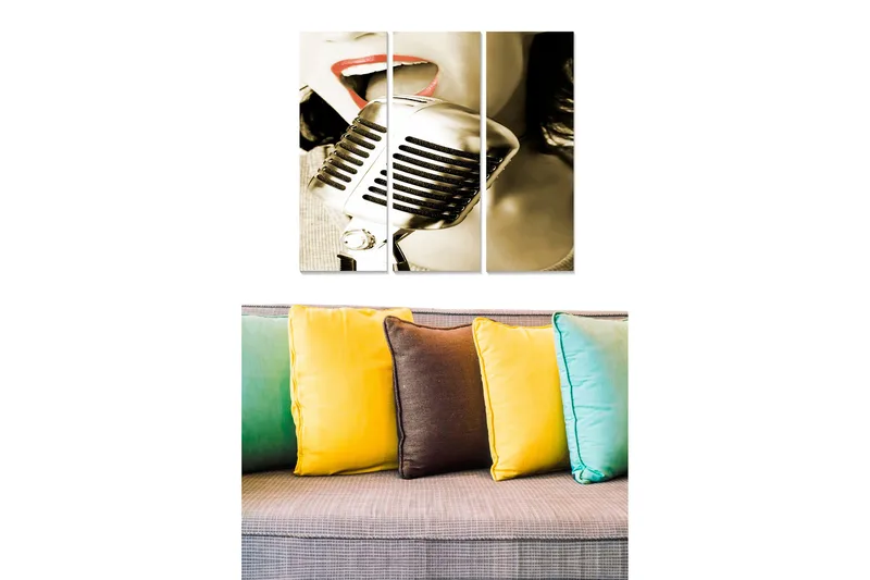 Trelerretsbilde 3-delt 50x70 cm - Retro mikrofon med en sanger i fokus, Svart / Grå / Rød