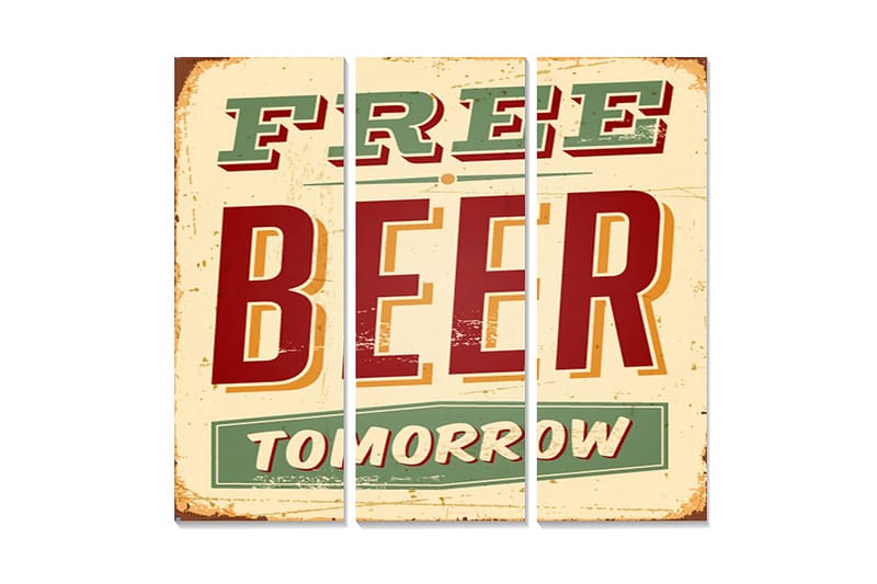 Trelerretsbilde 3-delt 50x70 cm - Retro skilt med teksten FREE BEER TOMORROW, Rød / Grønn / Beige