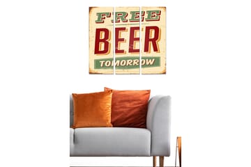 Trelerretsbilde 3-delt 50x70 cm - Retro skilt med teksten FREE BEER TOMORROW - Rød / Grønn / Beige - Innredning - Bilder & kunst - Lerretsbilder
