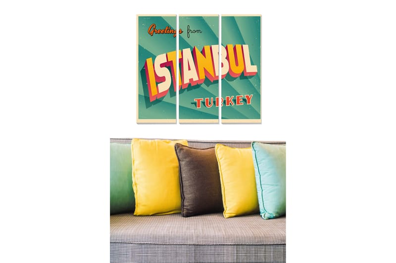 Trelerretsbilde 3-delt 50x70 cm - Retro plakat med teksten Greetings from ISTANBUL, Turkis / Gul / Rød