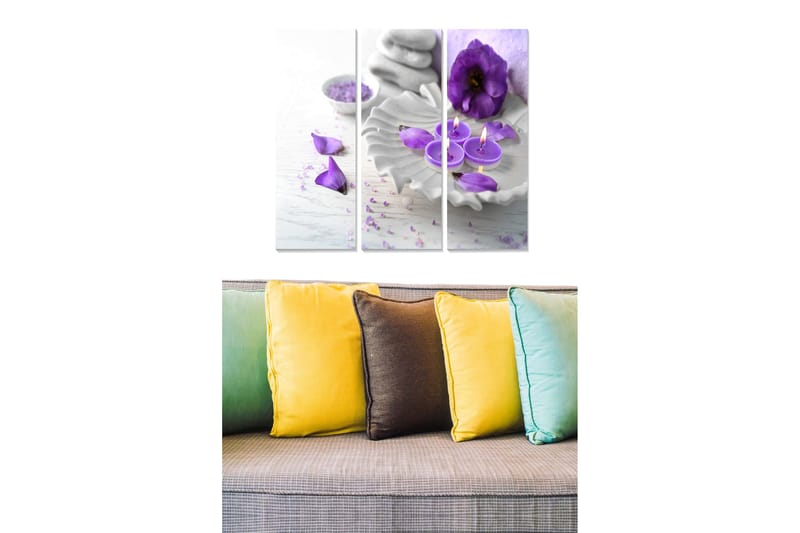 Trelerretsbilde 3-delt 50x70 cm - Rolig og harmonisk komposisjon med lilla blomster og duftlys, Lilla / Hvit