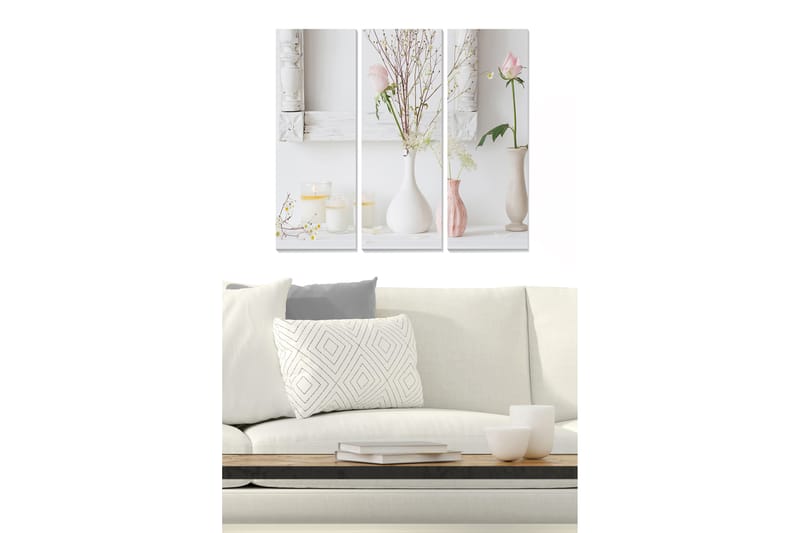 Trelerretsbilde 3-delt 50x70 cm - Rolig stillhet med blomster og lys i vaser - Rosa / Hvit / Beige - Innredning - Bilder & kunst - Lerretsbilder