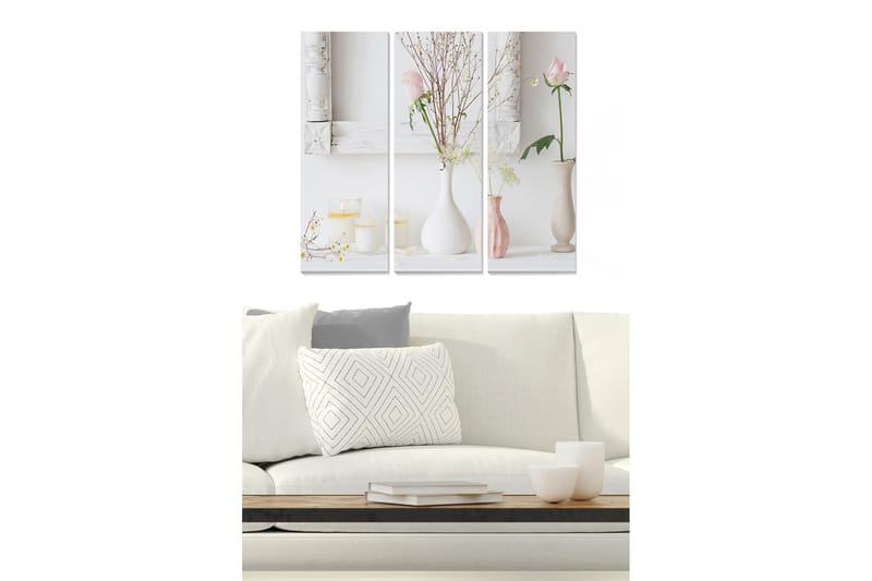 Trelerretsbilde 3-delt 50x70 cm - Rolig stillhet med blomster og lys i vaser, Rosa / Hvit / Beige