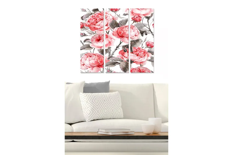 Trelerretsbilde 3-delt 50x70 cm - Rosa peoner i en elegant komposisjon, Rosa / Grå / Grønn