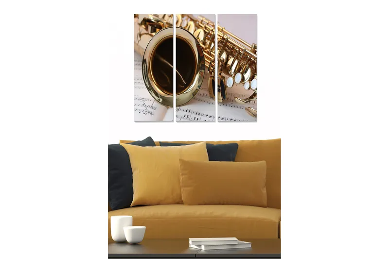 Trelerretsbilde 3-delt 50x70 cm - Saksofon med noter i bakgrunnen, Gull / Hvit / Svart