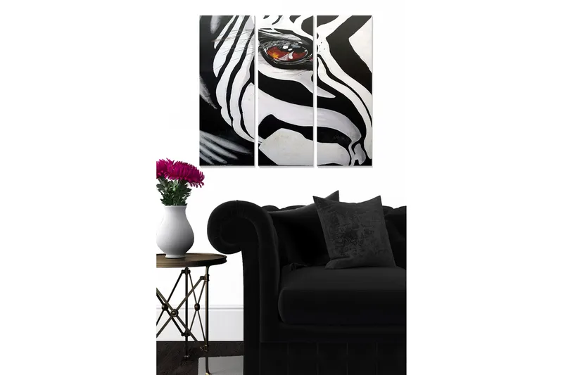 Trelerretsbilde 3-delt 50x70 cm - Sebra med fremtredende øye, Svart / Hvit / Brun