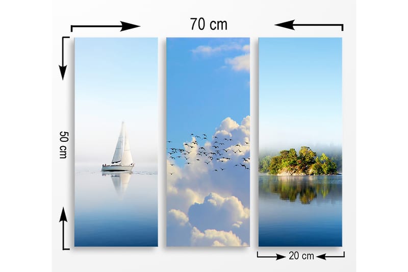 Trelerretsbilde 3-delt 50x70 cm - Seilbåt på speillignende vannflater - Blå / Hvit / Grønn - Innredning - Bilder & kunst - Lerretsbilder