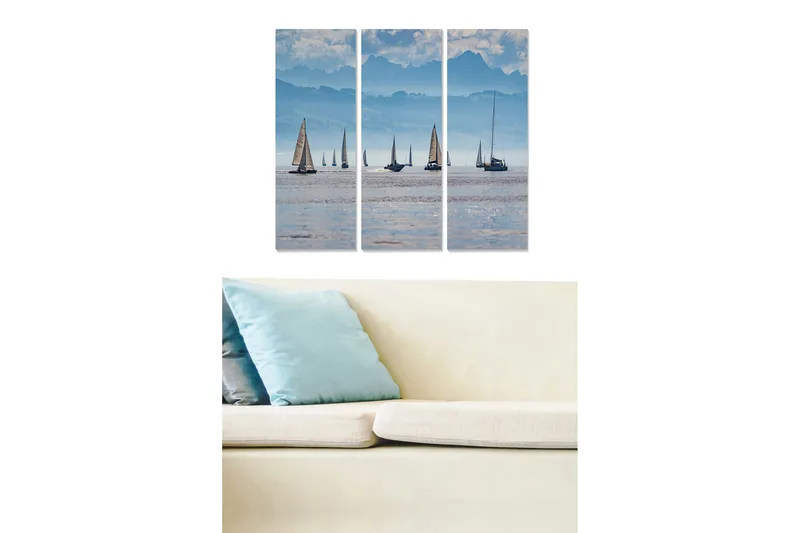 Trelerretsbilde 3-delt 50x70 cm - Seilbåter på en speilblank innsjø med fjerne fjell i bakgrunnen, Lyseblå / Mørkeblå / Hvit