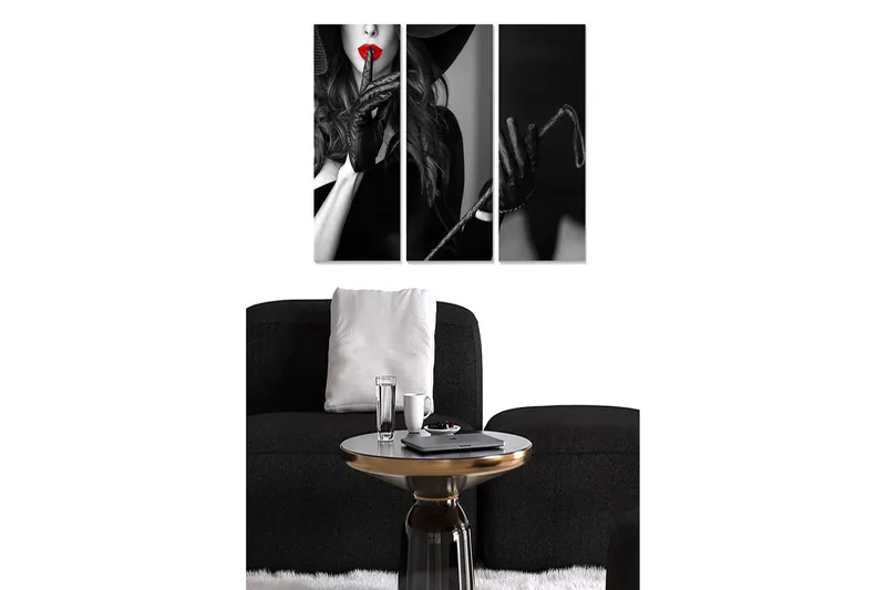 Trelerretsbilde 3-delt 50x70 cm - Sensuell kvinne med rød leppestift og svarte hansker, Svart / Rød