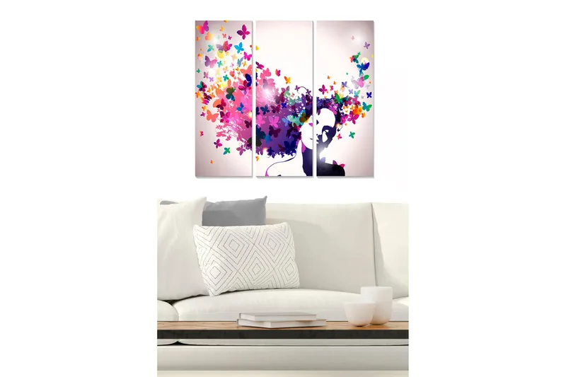 Trelerretsbilde 3-delt 50x70 cm - Silhuett av en kvinne med fargerike sommerfugler som svever rundt henne, Lilla / Rosa / Grønn