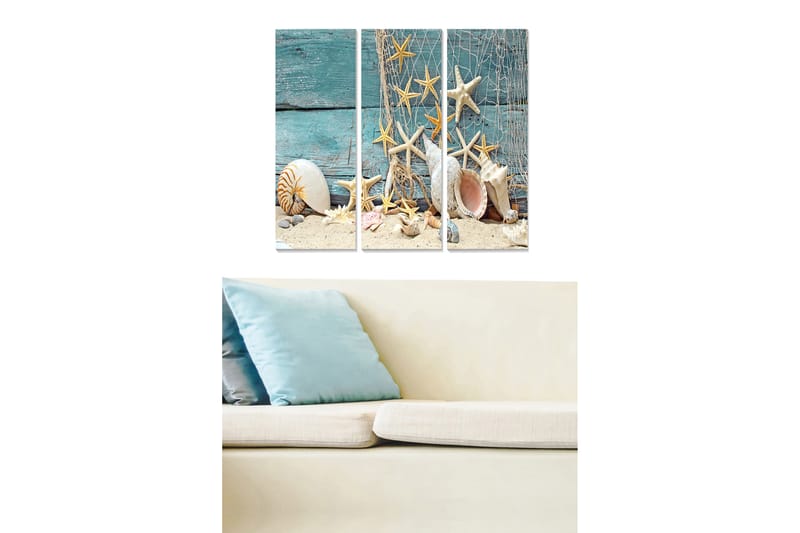 Trelerretsbilde 3-delt 50x70 cm - Sjømotiv med skjell og sjøstjerner på sandbakgrunn, Turkis / Beige / Hvit