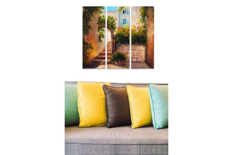 Trelerretsbilde 3-delt 50x70 cm - Sjarmerende smug med blomsteroppsatser og asfalterte trapper, Grønn / Beige / Blå