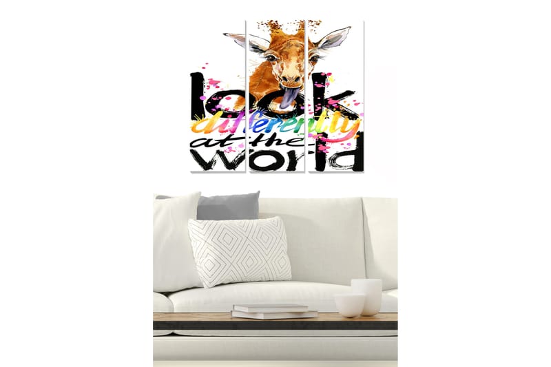 Trelerretsbilde 3-delt 50x70 cm - Sjiraff med lekent uttrykk og fargerik tekst, Oransje / Svart / Rosa