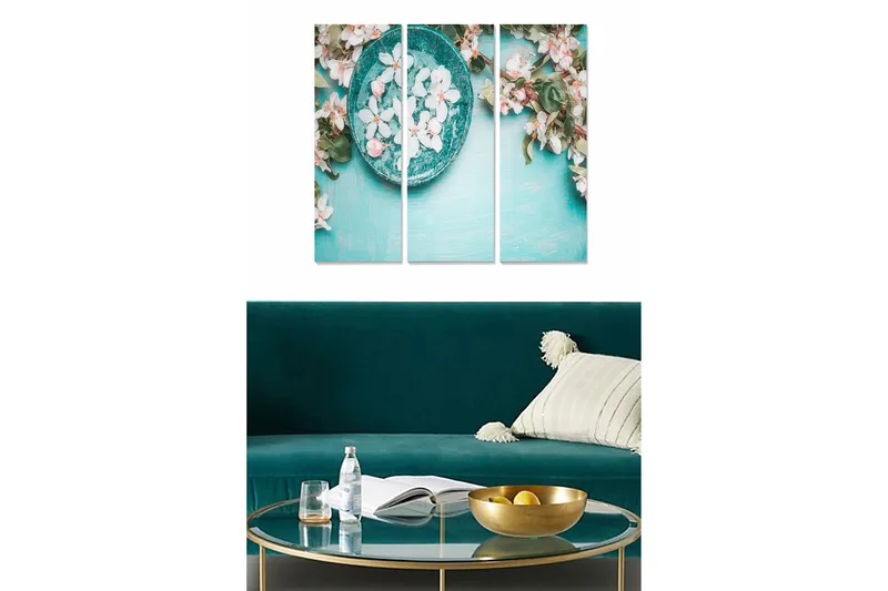 Trelerretsbilde 3-delt 50x70 cm - Skål med blomster på turkis bakgrunn, Turkis / Hvit / Rosa