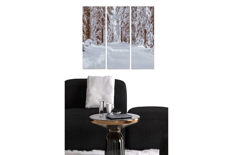 Trelerretsbilde 3-delt 50x70 cm - Snødekt skogsvei omgitt av vinterlandskap, Hvit / Brun