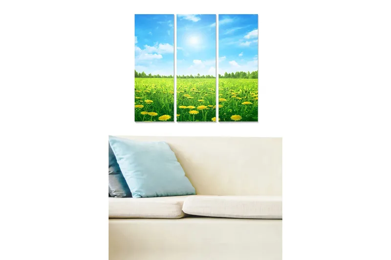 Trelerretsbilde 3-delt 50x70 cm - Solrik eng med løvetann og blå himmel, Grønn / Gul / Blå