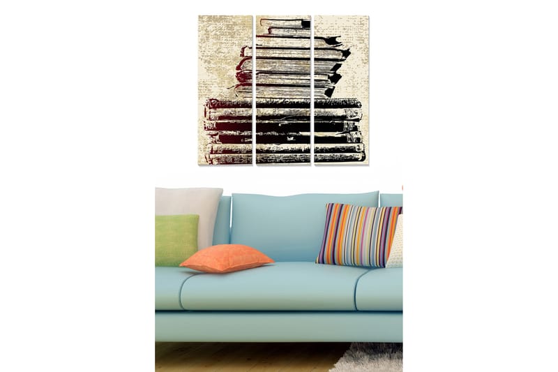 Trelerretsbilde 3-delt 50x70 cm - Stabel med gamle bøker i svart-hvitt, Svart / Beige