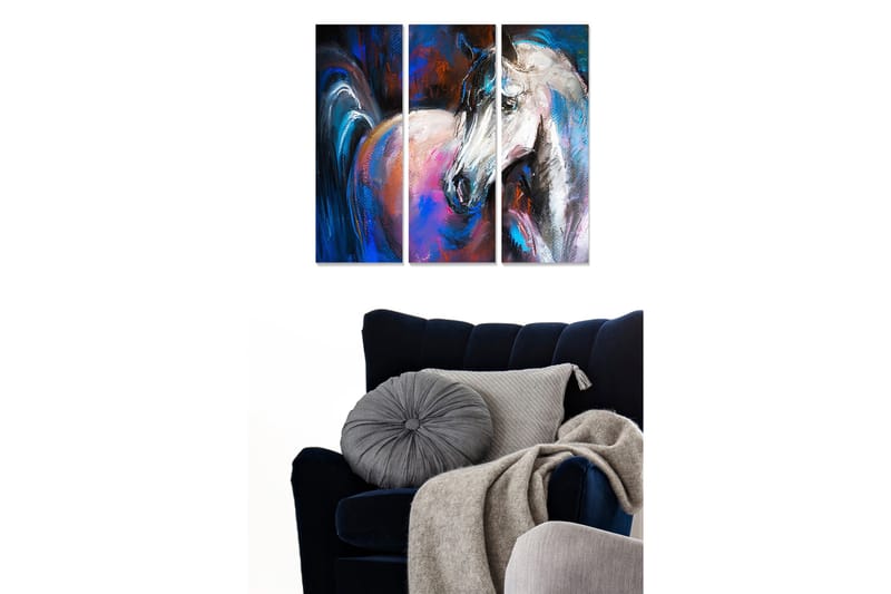 Trelerretsbilde 3-delt 50x70 cm - Statlig hest i dynamisk komposisjon, Blå / Hvit / Rosa