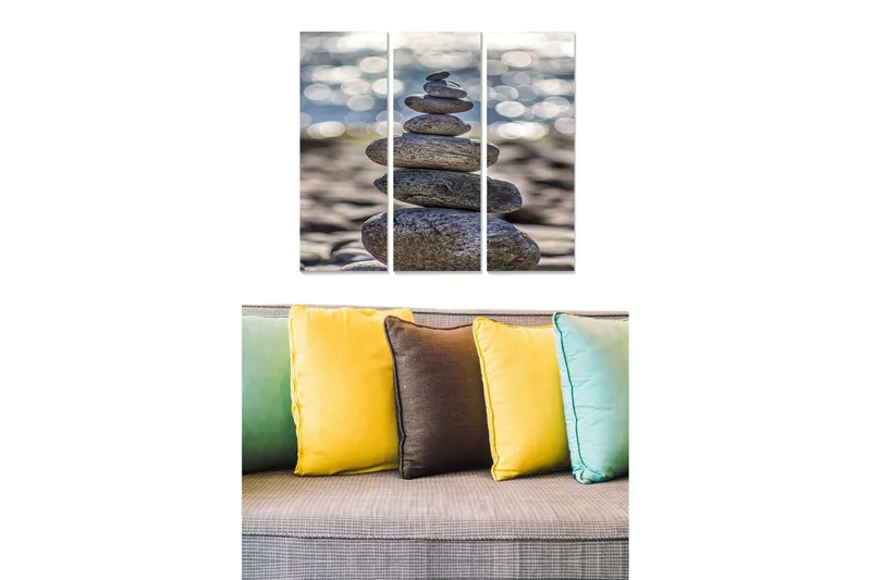 Trelerretsbilde 3-delt 50x70 cm - Steinrøys i harmonisk balanse, Grå / Beige / Svart