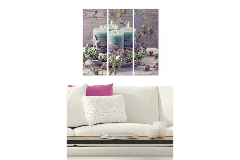 Trelerretsbilde 3-delt 50x70 cm - Stemningsfullt arrangement av lysegrønne lys med dekorasjoner av gran og kongler, Lys grønn / Brun / Grå