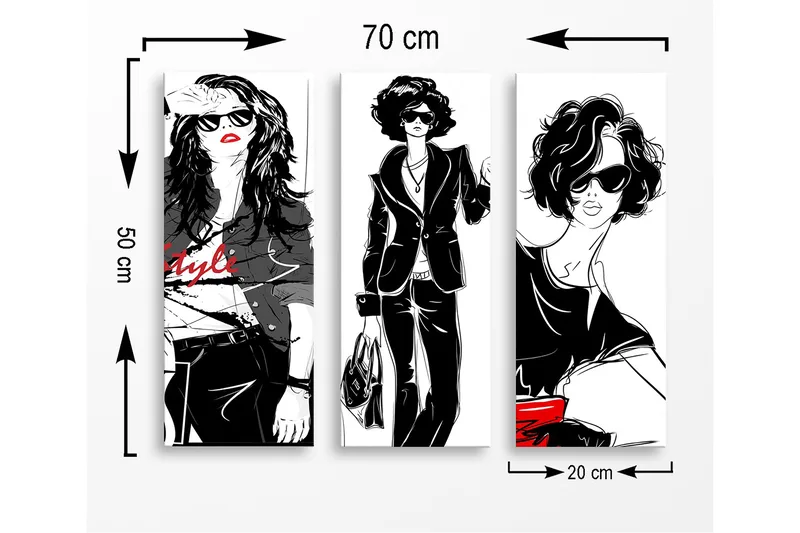 Trelerretsbilde 3-delt 50x70 cm - Stilige kvinner i moteklær med solbriller - Svart / Rød / Hvit - Innredning - Bilder & kunst - Lerretsbilder