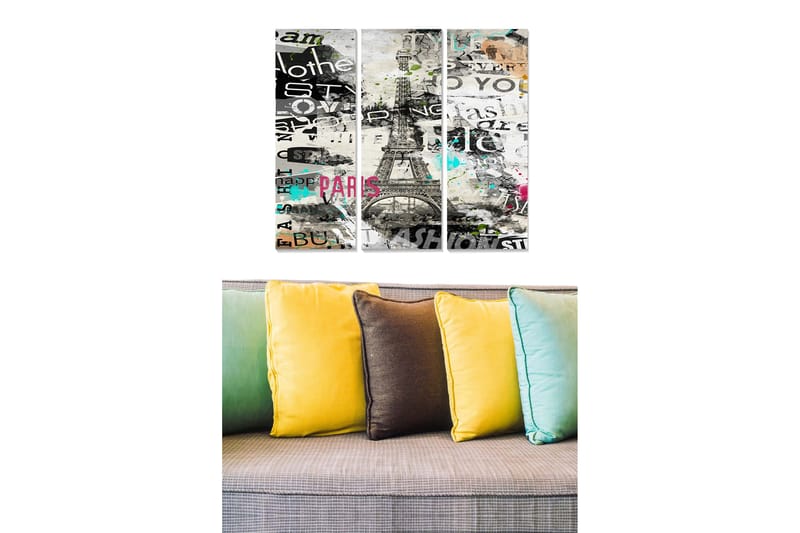 Trelerretsbilde 3-delt 50x70 cm - Stilisert bilde av Eiffeltårnet med tekst og fargerike elementer, Svart / Grå / Rosa