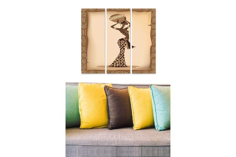 Trelerretsbilde 3-delt 50x70 cm - Stilisert kvinne med tradisjonelle klær og hodeplagg, Brun / Beige / Svart