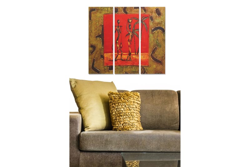 Trelerretsbilde 3-delt 50x70 cm - Stilisert skulptur av to personer med palmer i en rød ramme, Rød / Gul / Brun