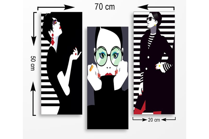Trelerretsbilde 3-delt 50x70 cm - Stiliserte portretter av moteikoner med grafiske elementer - Svart / Hvit / Rød - Innredning - Bilder & kunst - Lerretsbilder