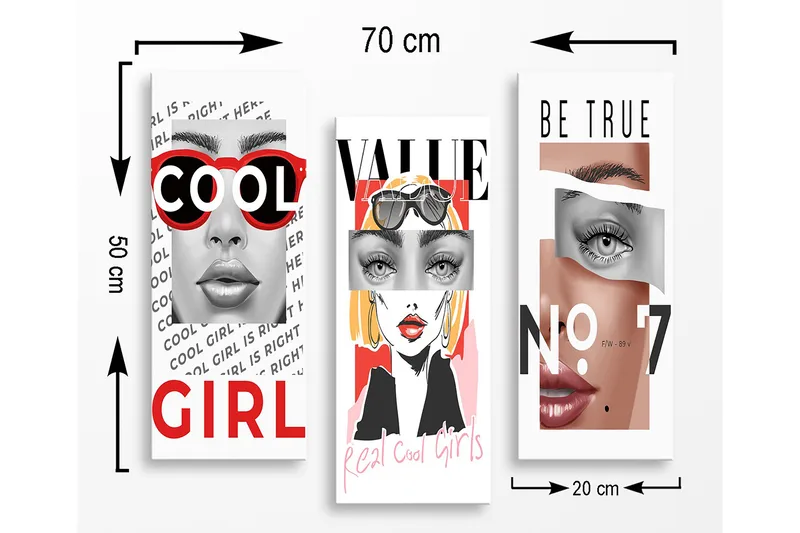 Trelerretsbilde 3-delt 50x70 cm - Stiliserte portretter av kvinner med moderne elementer - Rød / Svart / Hudtone - Innredning - Bilder & kunst - Lerretsbilder